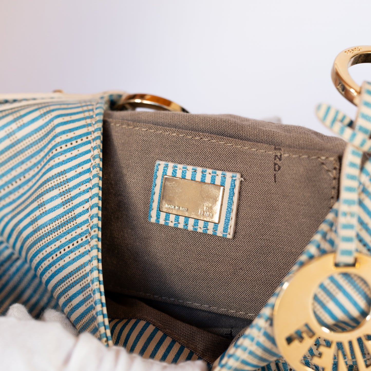 Fendi Chef Blue And White Striped Perforated Leather