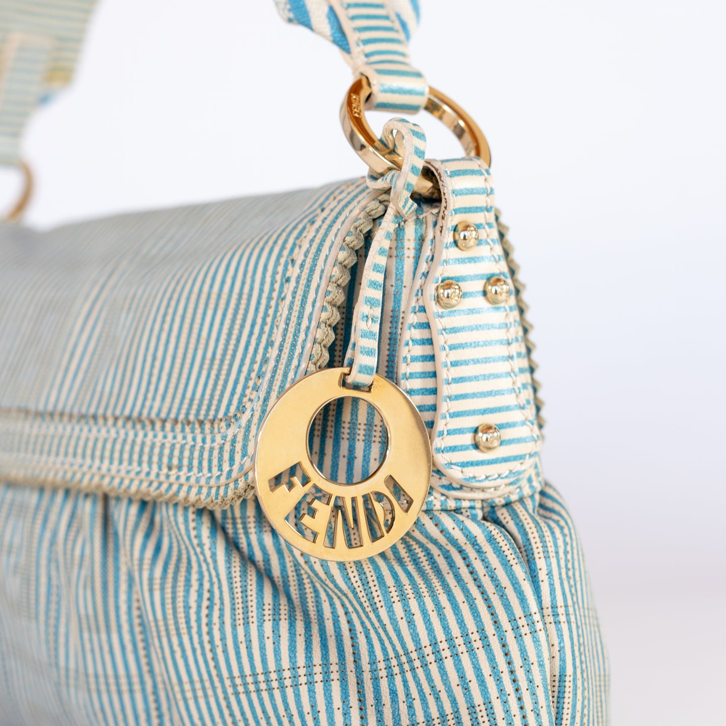 Fendi Chef Blue And White Striped Perforated Leather