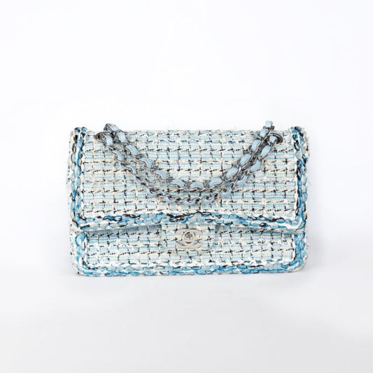 Chanel Blue & White Tweed Cruise 2019 Medium Classic Flap