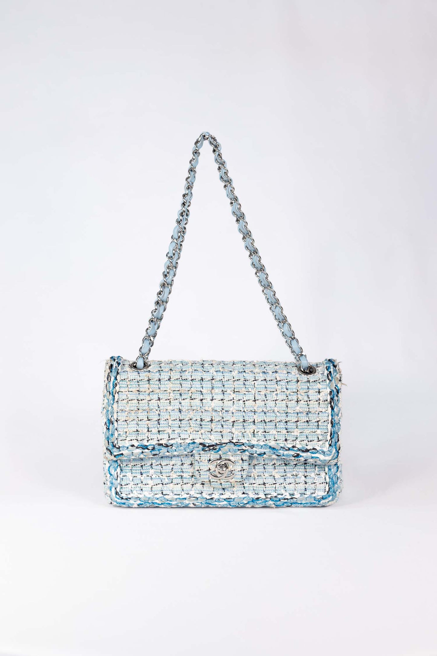 Chanel Blue & White Tweed Cruise 2019 Medium Classic Flap