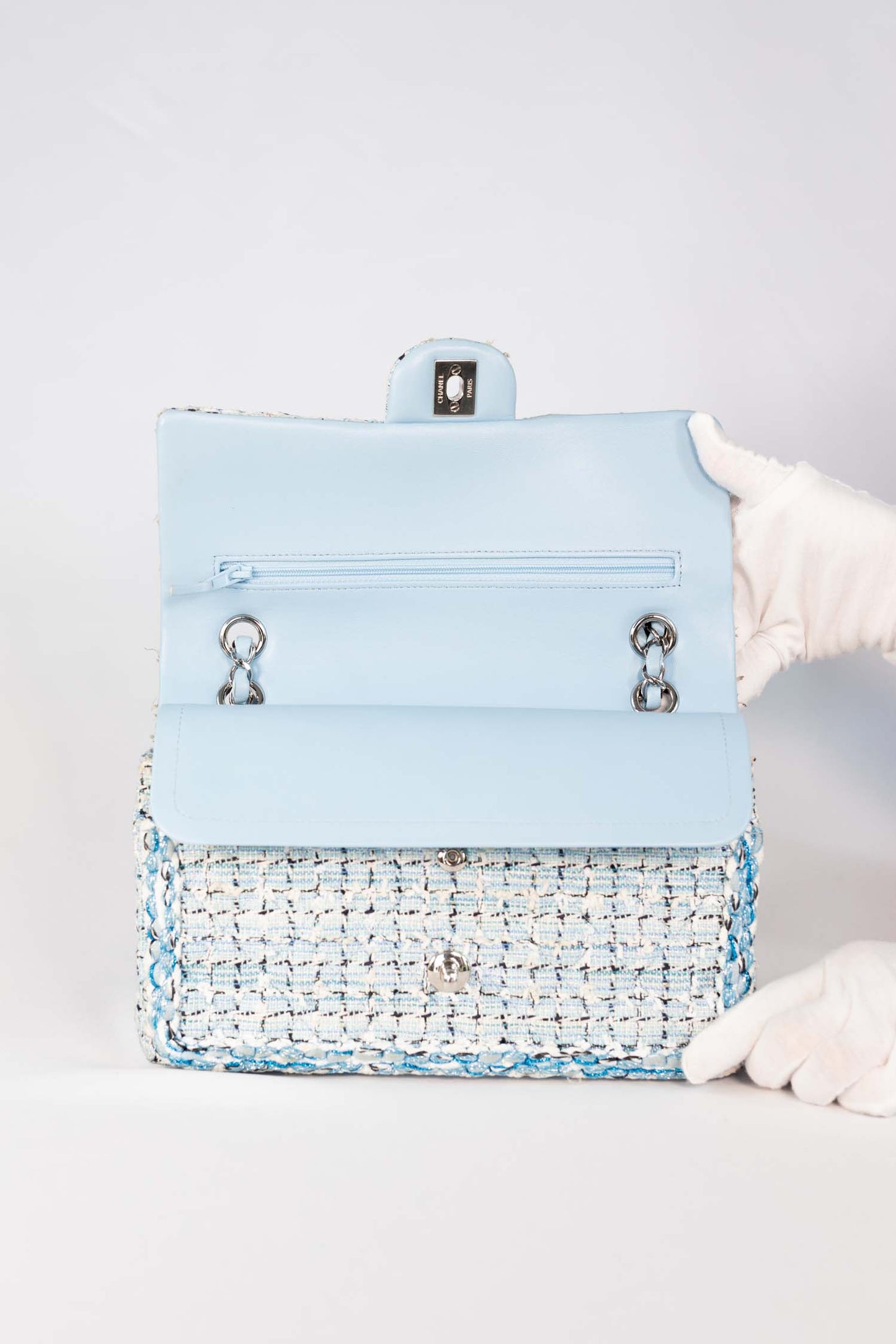 Chanel Blue & White Tweed Cruise 2019 Medium Classic Flap